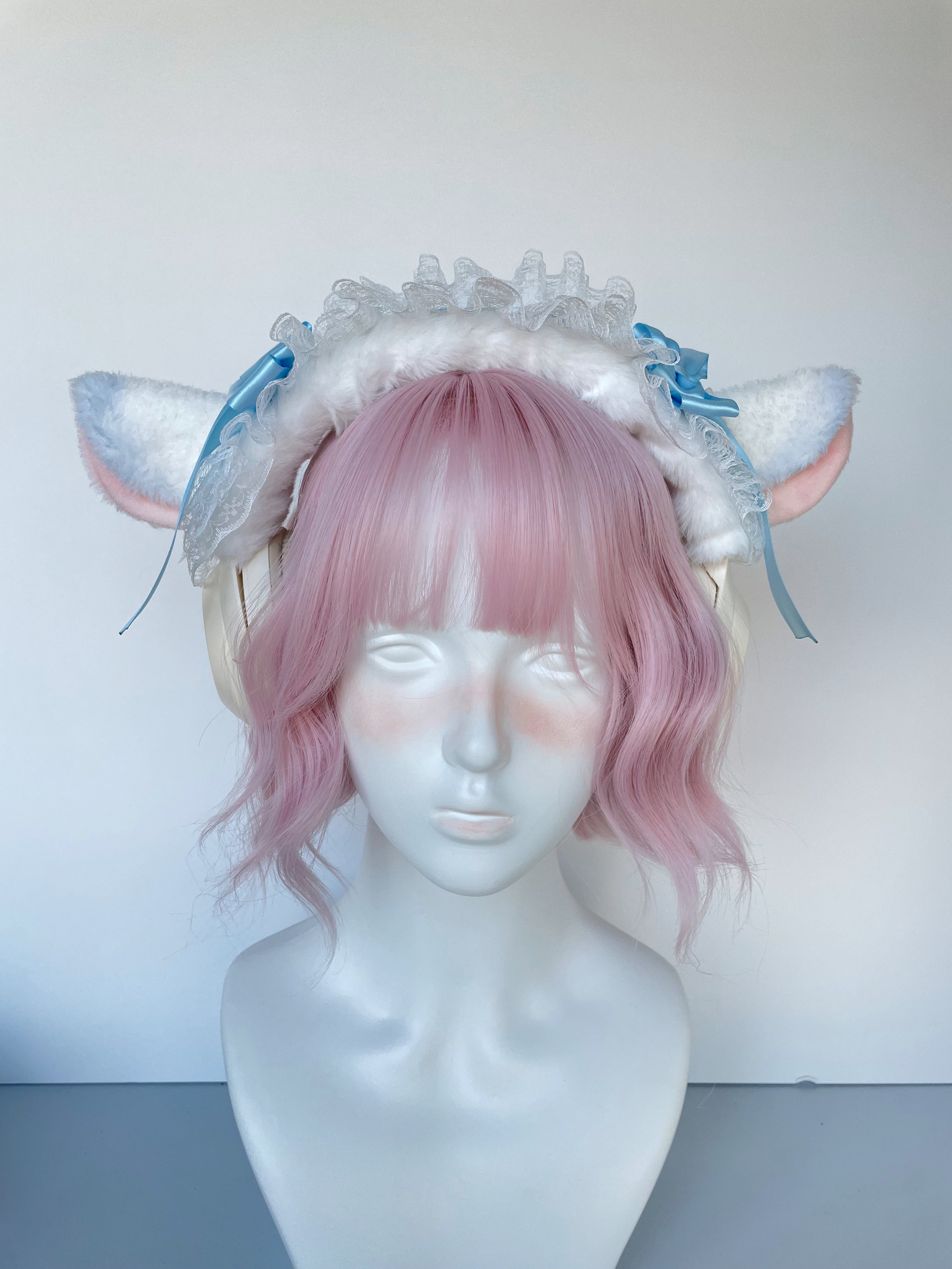 Handmade Lamb Ear Lace Headphone Cover with Blue Ribbon