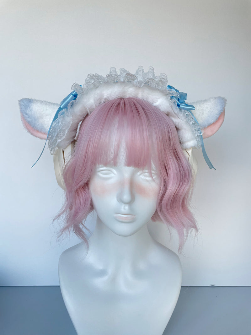 Handmade Lamb Ear Lace Headphone Cover with Blue Ribbon