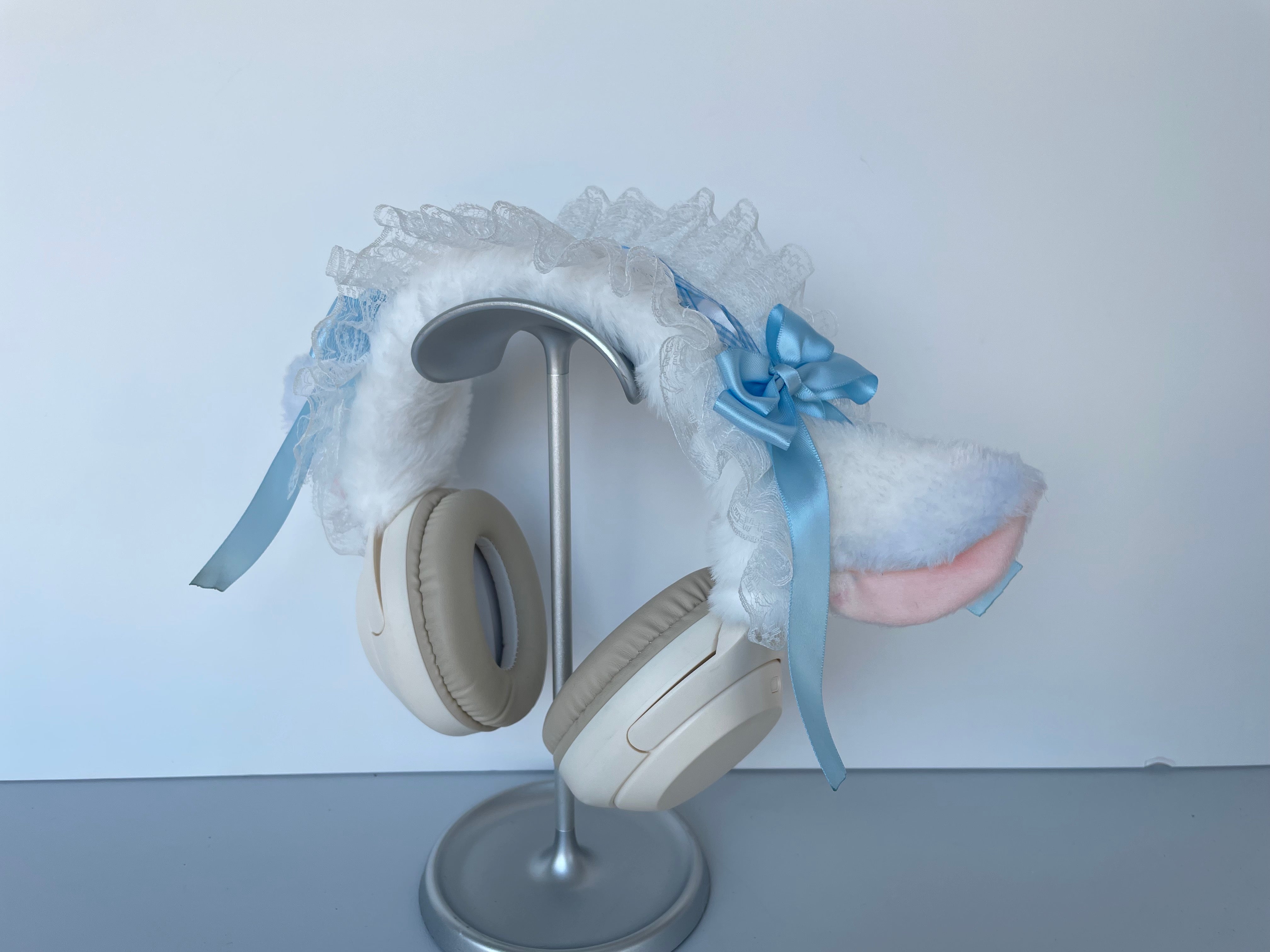 Handmade Lamb Ear Lace Headphone Cover with Blue Ribbon