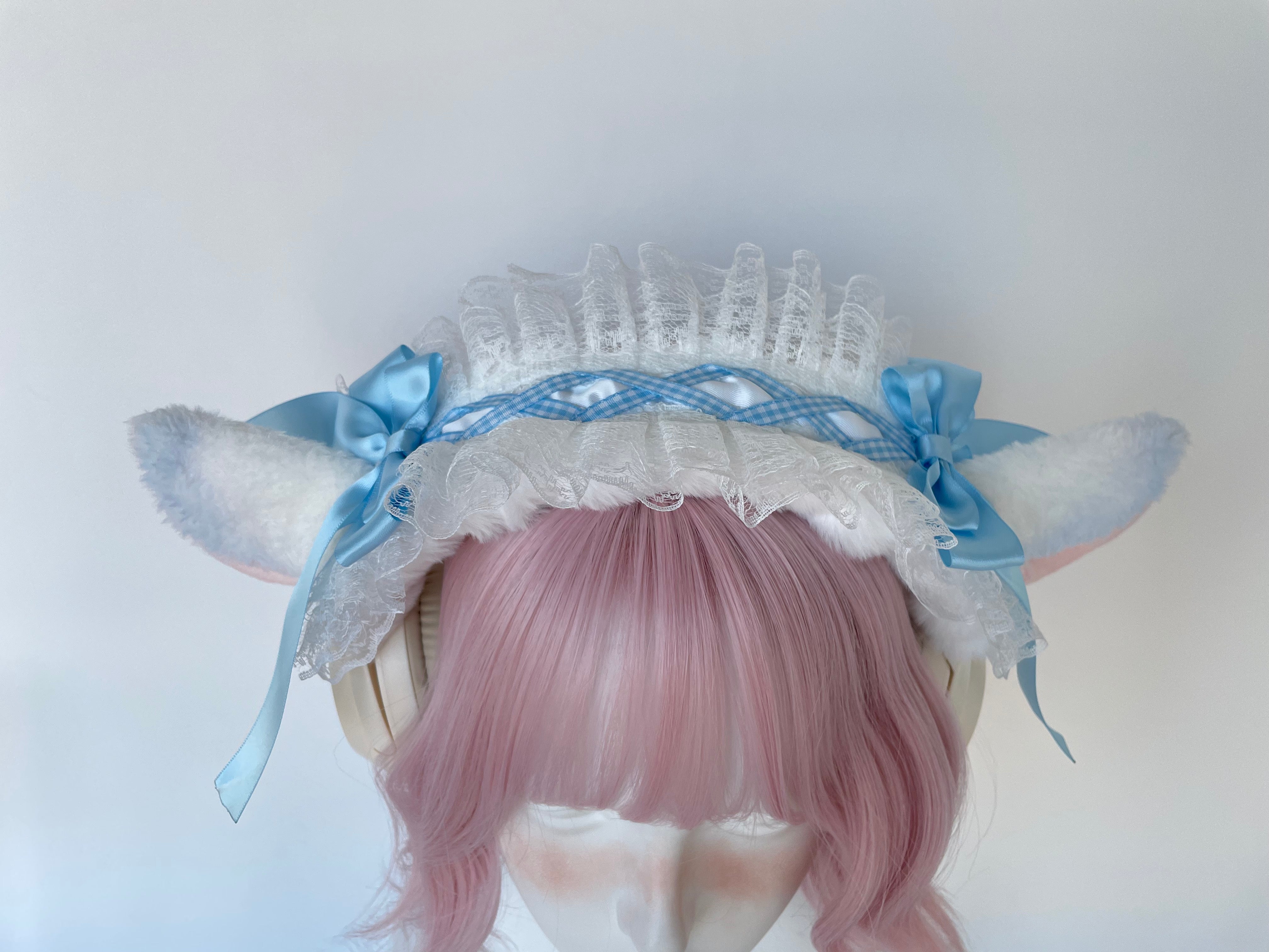 Handmade Lamb Ear Lace Headphone Cover with Blue Ribbon