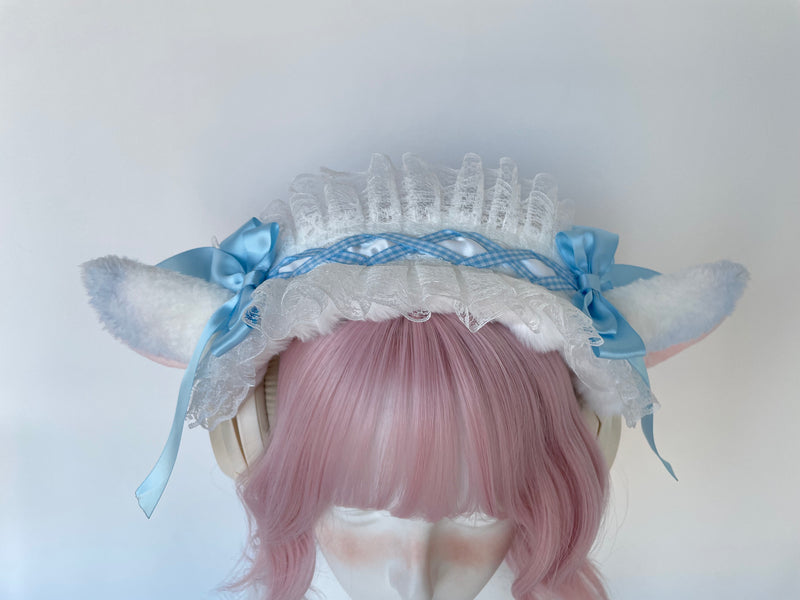 Handmade Lamb Ear Lace Headphone Cover with Blue Ribbon