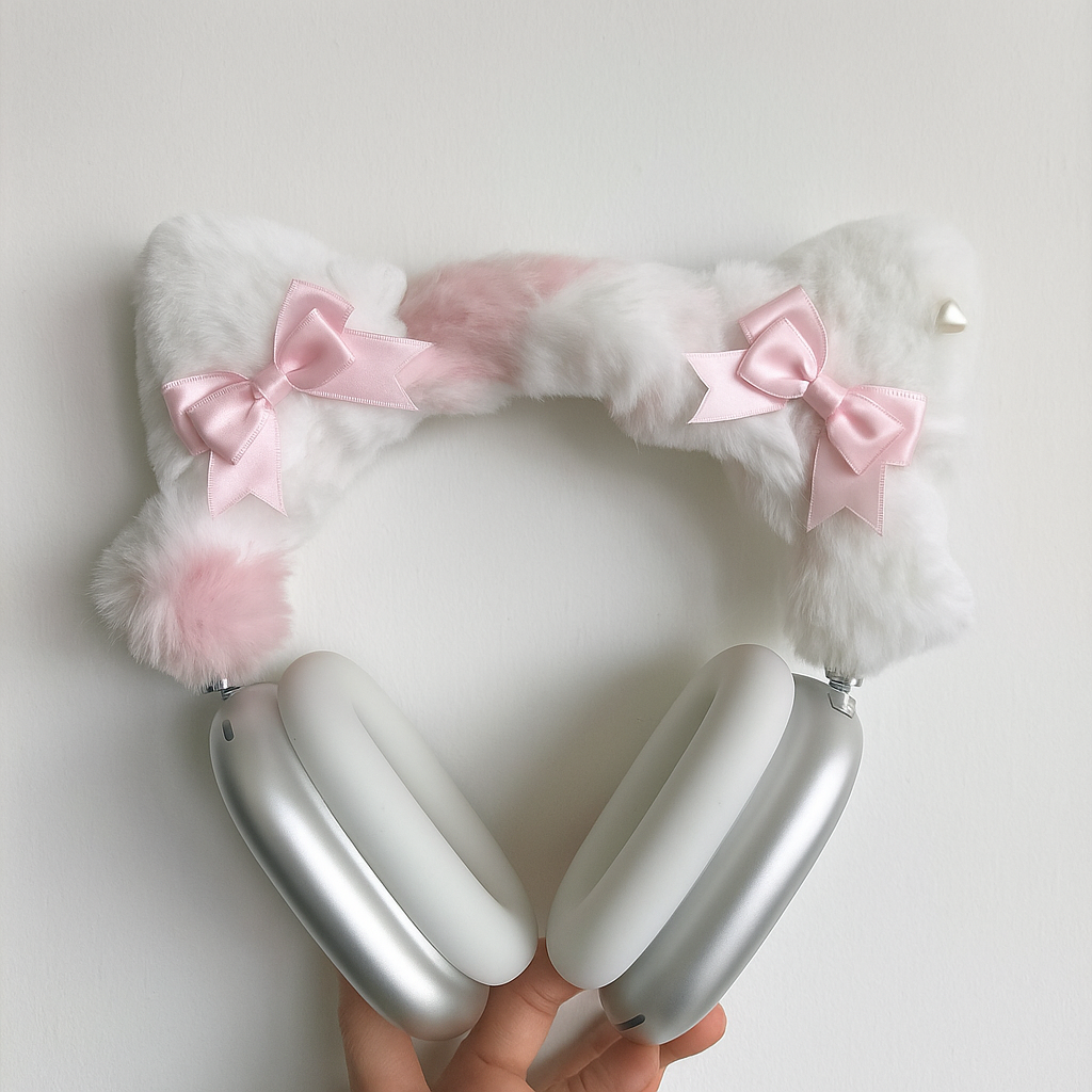 Pink & White Cat Ear Headphone Cover