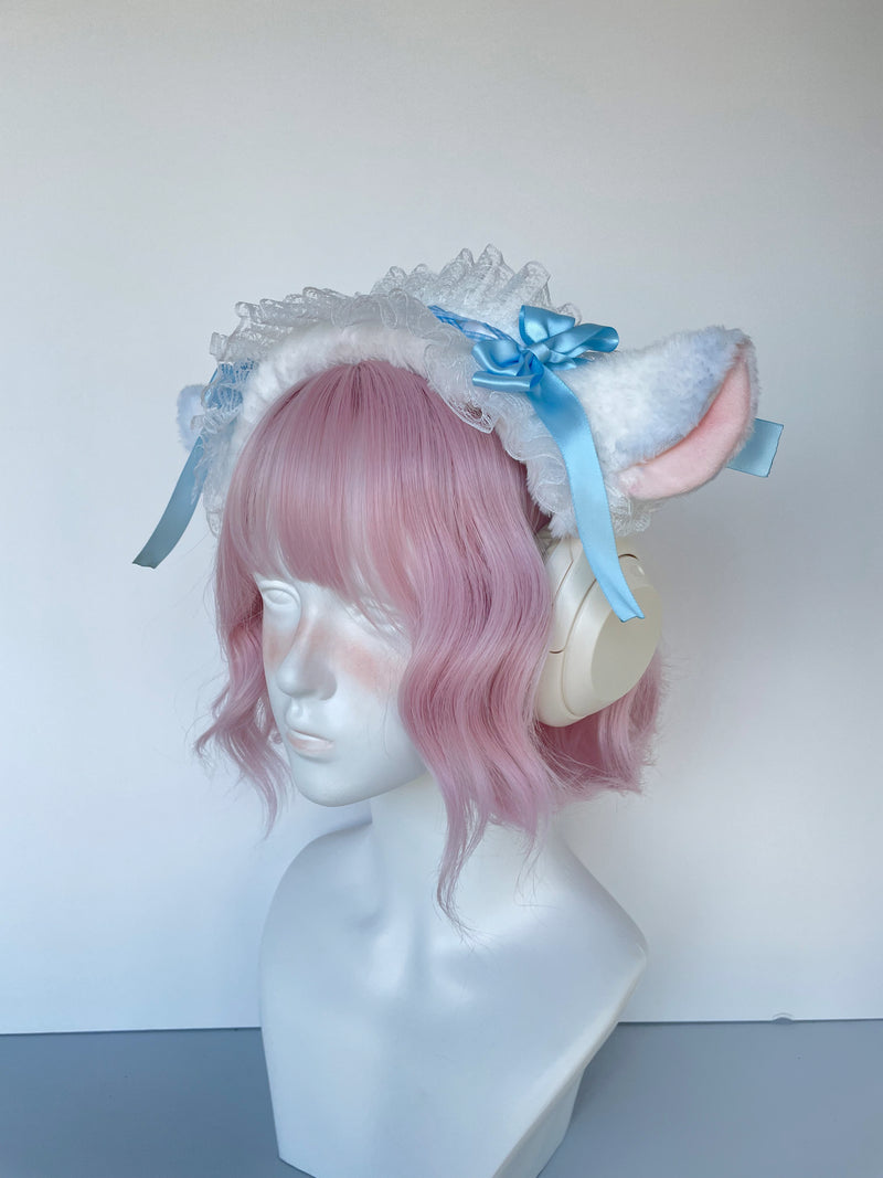 Handmade Lamb Ear Lace Headphone Cover with Blue Ribbon