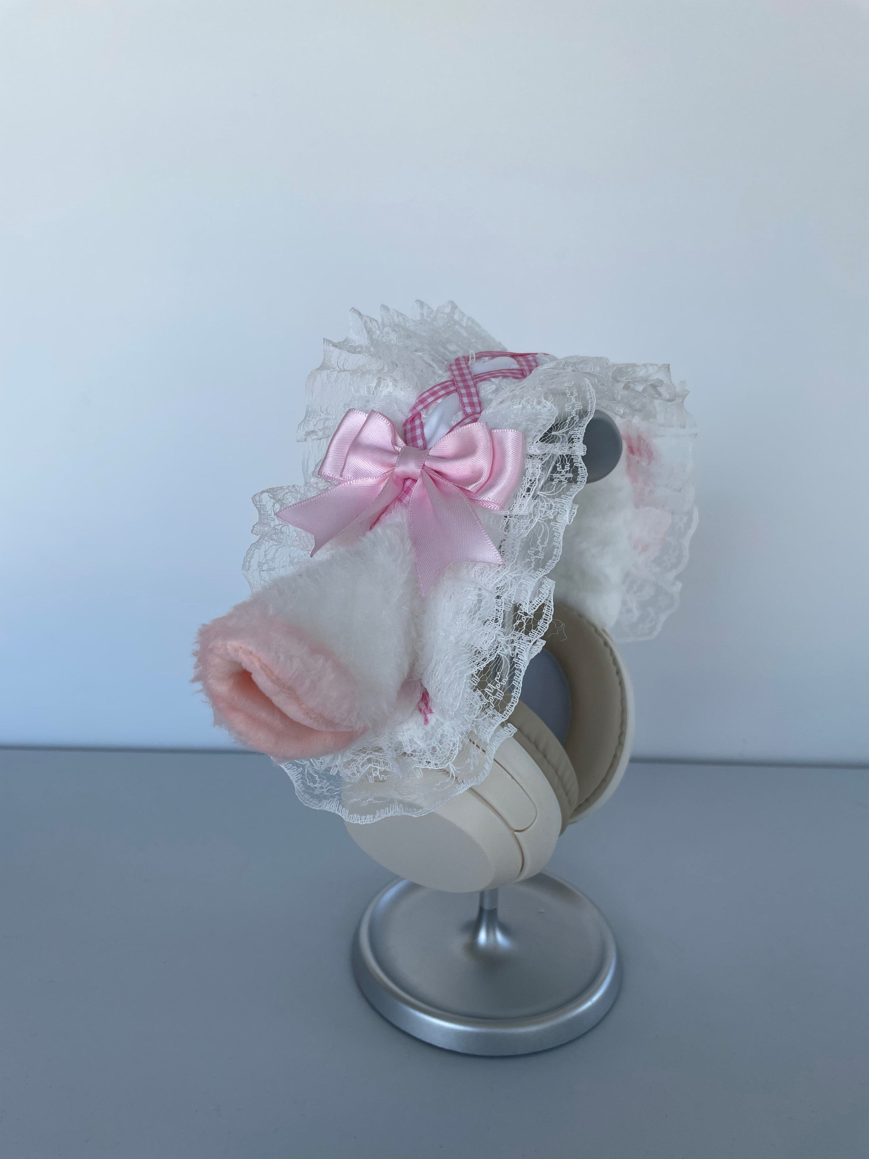 Handmade Lamb Ear Lace Headphone Cover with Pink Bows