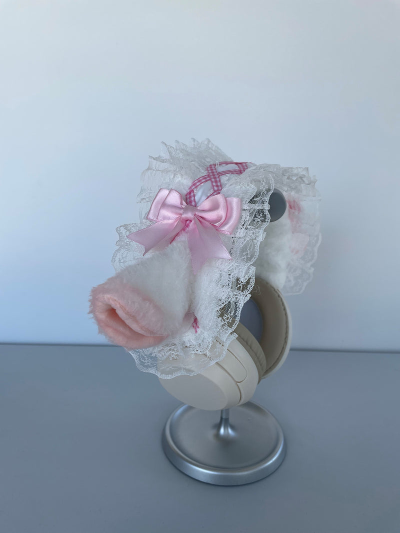 Handmade Lamb Ear Lace Headphone Cover with Pink Bows