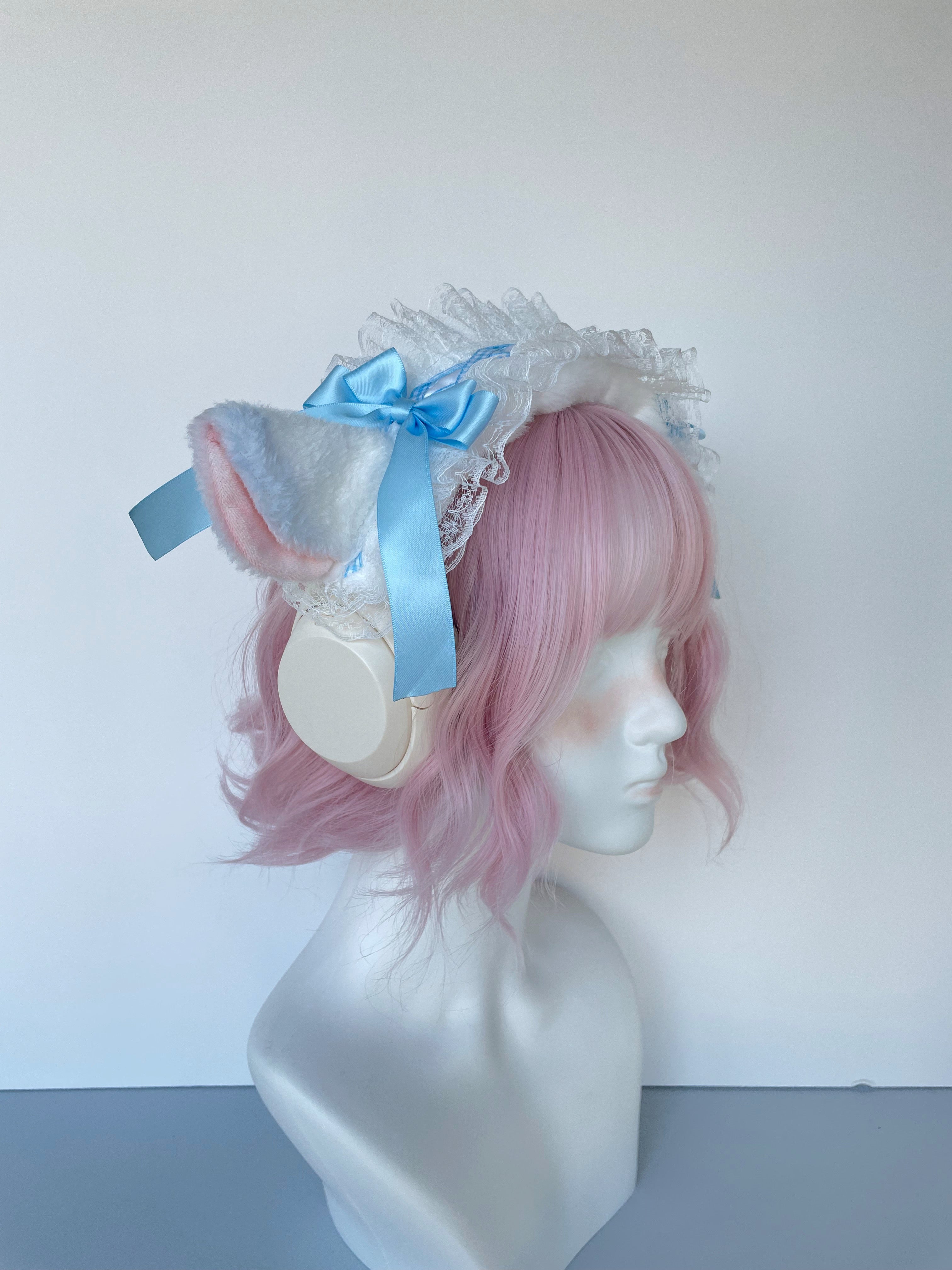 Handmade Lamb Ear Lace Headphone Cover with Blue Ribbon