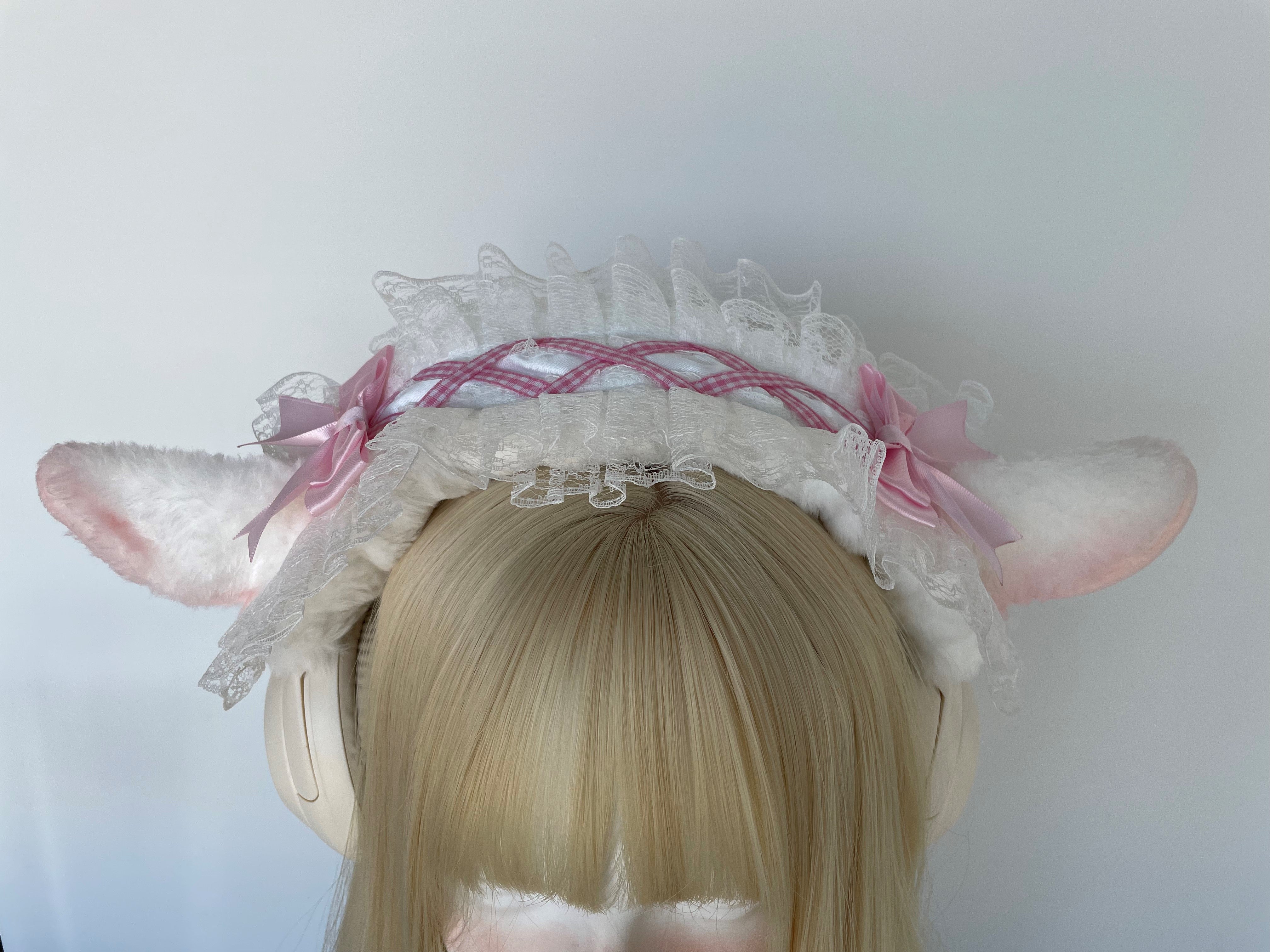 Handmade Lamb Ear Lace Headphone Cover with Pink Bows