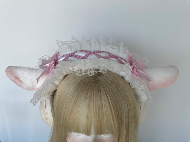 Handmade Lamb Ear Lace Headphone Cover with Pink Bows