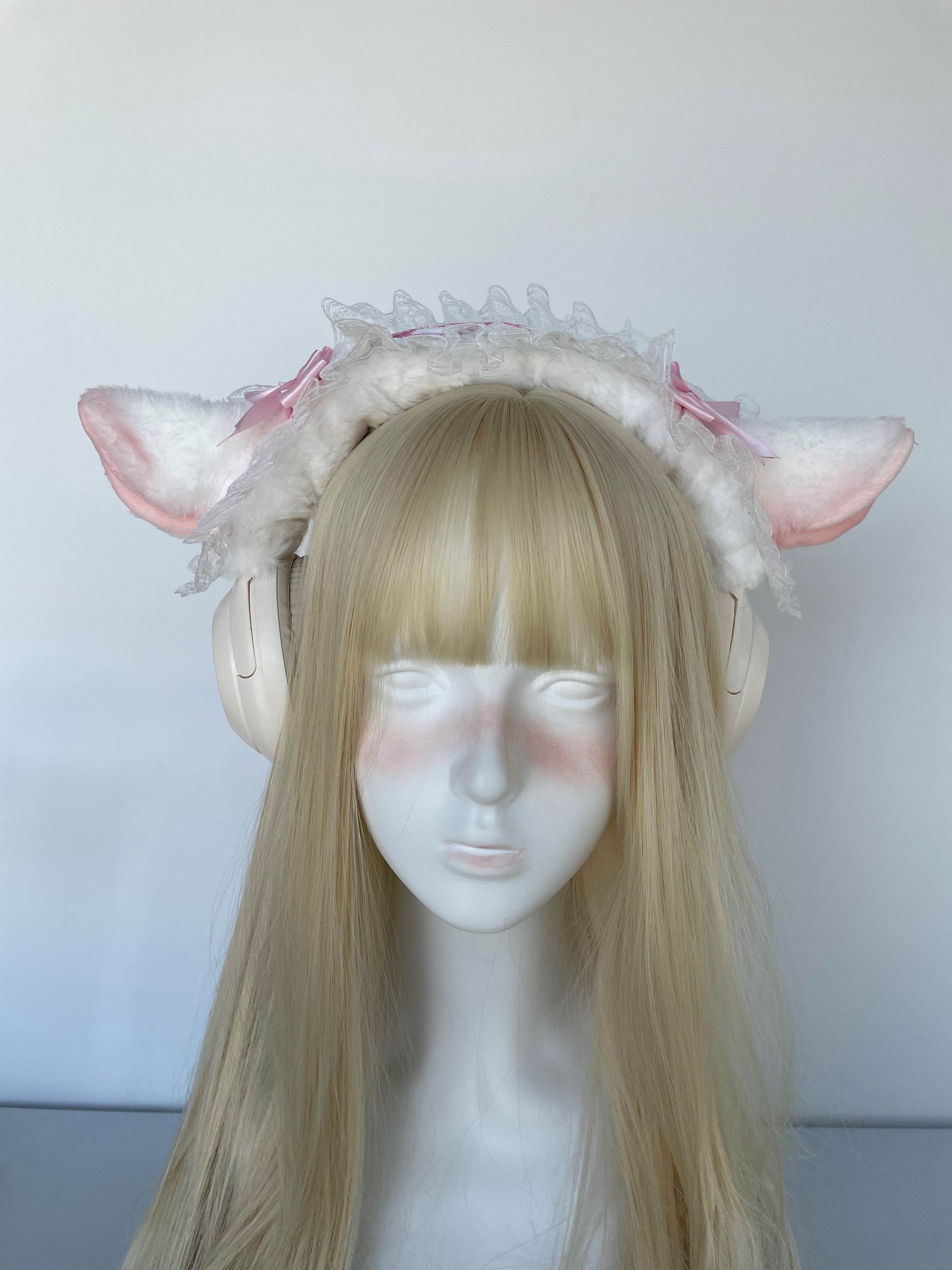 Handmade Lamb Ear Lace Headphone Cover with Pink Bows