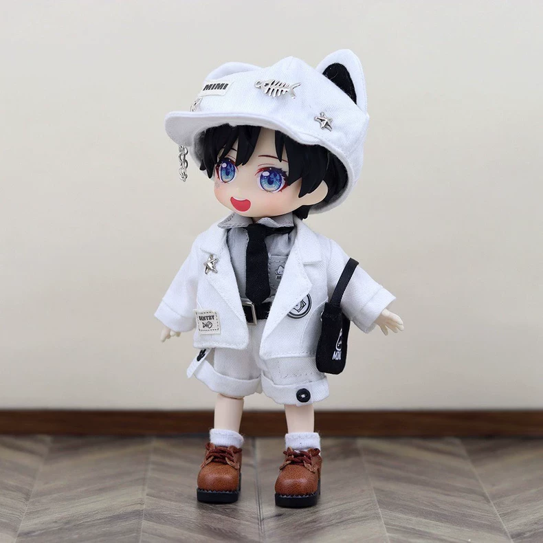 Stylish OB11 Doll Outfit Set - Black & White Jacket, Shorts, Hat & Bag for 12-inch BJDs | High-Quality & Durable - Image 1