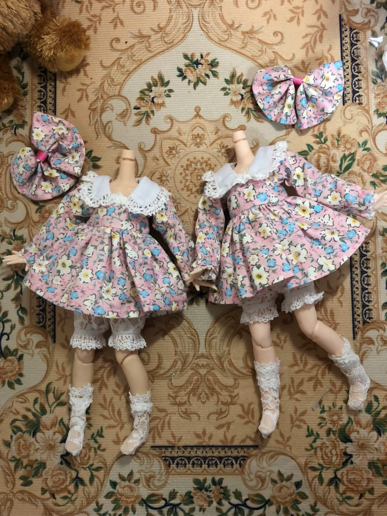 Vintage Floral Blythe Doll Outfit Set - Lace-Trimmed Dress, Lantern Pants & Headpiece for 6-Inch Dolls - Image 2