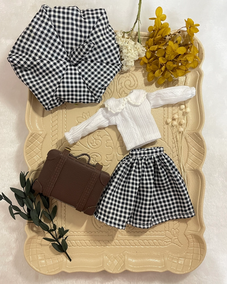 Chic Black & White Checkered Blythe Doll Outfit – Playful Sophistication with Adjustable Cotton Blouse & Stylish Skirt - Image 2