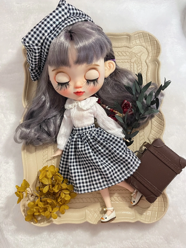 Chic Black & White Checkered Blythe Doll Outfit – Playful Sophistication with Adjustable Cotton Blouse & Stylish Skirt - Image 3