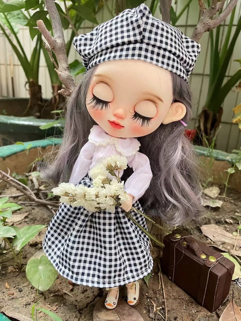 Chic Black & White Checkered Blythe Doll Outfit – Playful Sophistication with Adjustable Cotton Blouse & Stylish Skirt - Image 5