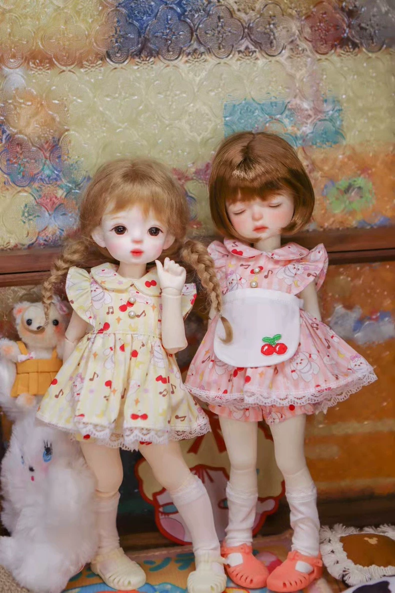 Adorable Cherry & Puppy BJD 1/6 Outfit – Vibrant Yellow & Pink Dress with Snaps & Lace - Image 1