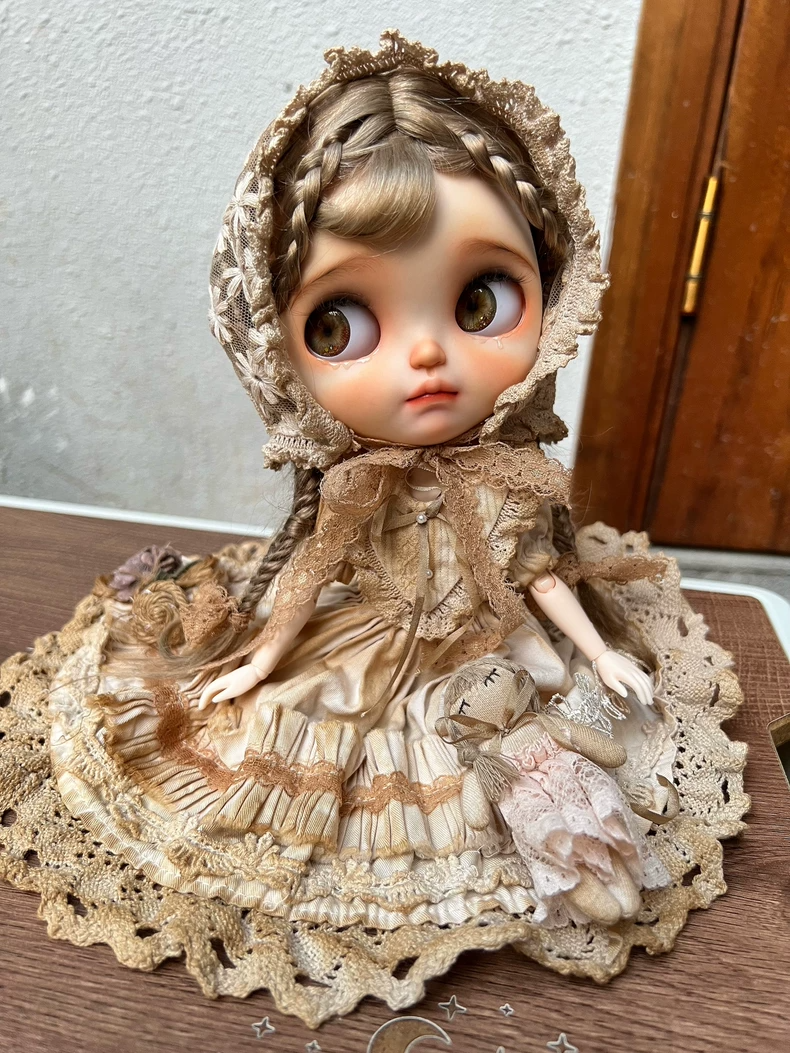 Vintage Tea-Stained Blythe Doll Outfit - Lace Dress, Headpiece & Lantern Pants - Retro 6" Doll Clothes for Blythe AZ OB24 - Free Shipping - Image 1