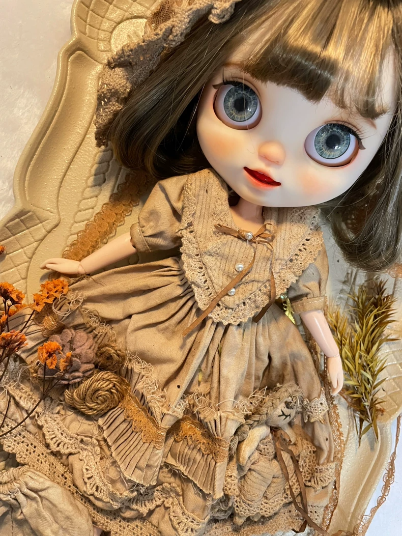Vintage Tea-Stained Blythe Doll Outfit - Lace Dress, Headpiece & Lantern Pants - Retro 6" Doll Clothes for Blythe AZ OB24 - Free Shipping - Image 3