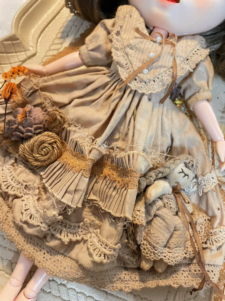 Vintage Tea-Stained Blythe Doll Outfit - Lace Dress, Headpiece & Lantern Pants - Retro 6" Doll Clothes for Blythe AZ OB24 - Free Shipping - Image 4