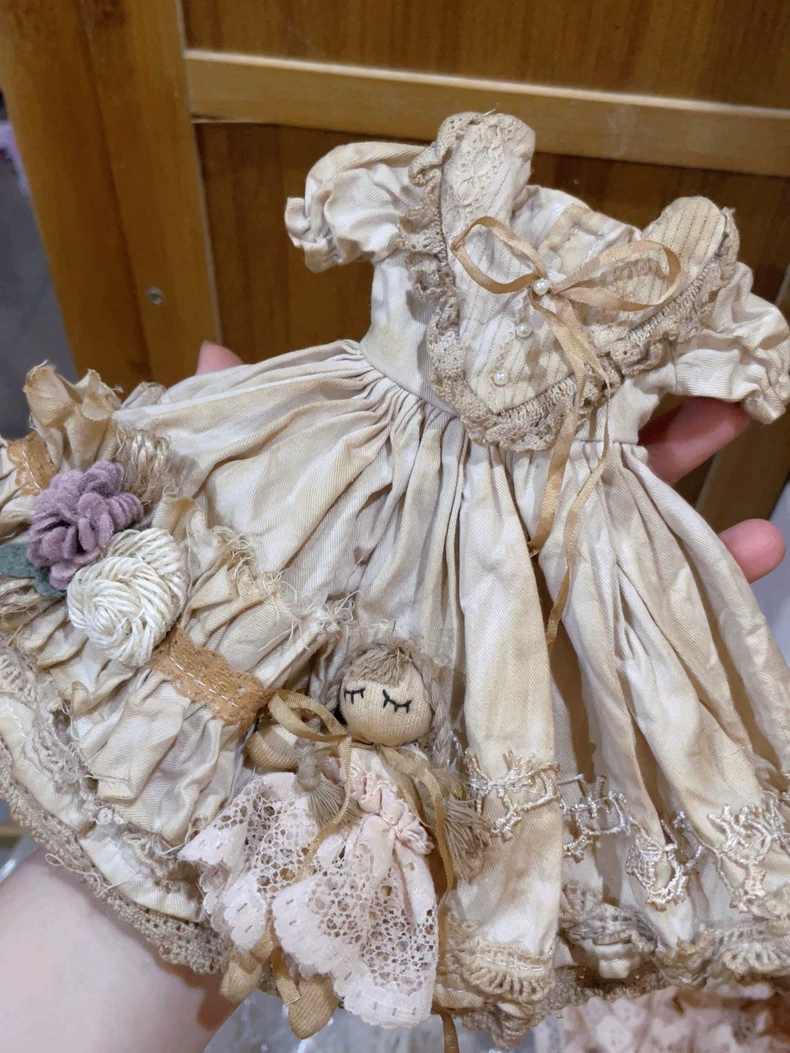 Vintage Tea-Stained Blythe Doll Outfit - Lace Dress, Headpiece & Lantern Pants - Retro 6" Doll Clothes for Blythe AZ OB24 - Free Shipping - Image 7