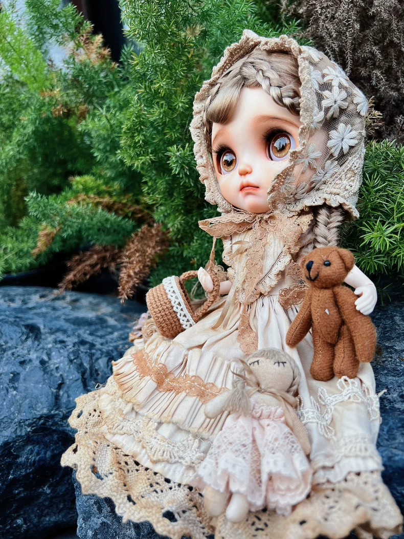 Vintage Tea-Stained Blythe Doll Outfit - Lace Dress, Headpiece & Lantern Pants - Retro 6" Doll Clothes for Blythe AZ OB24 - Free Shipping - Image 8