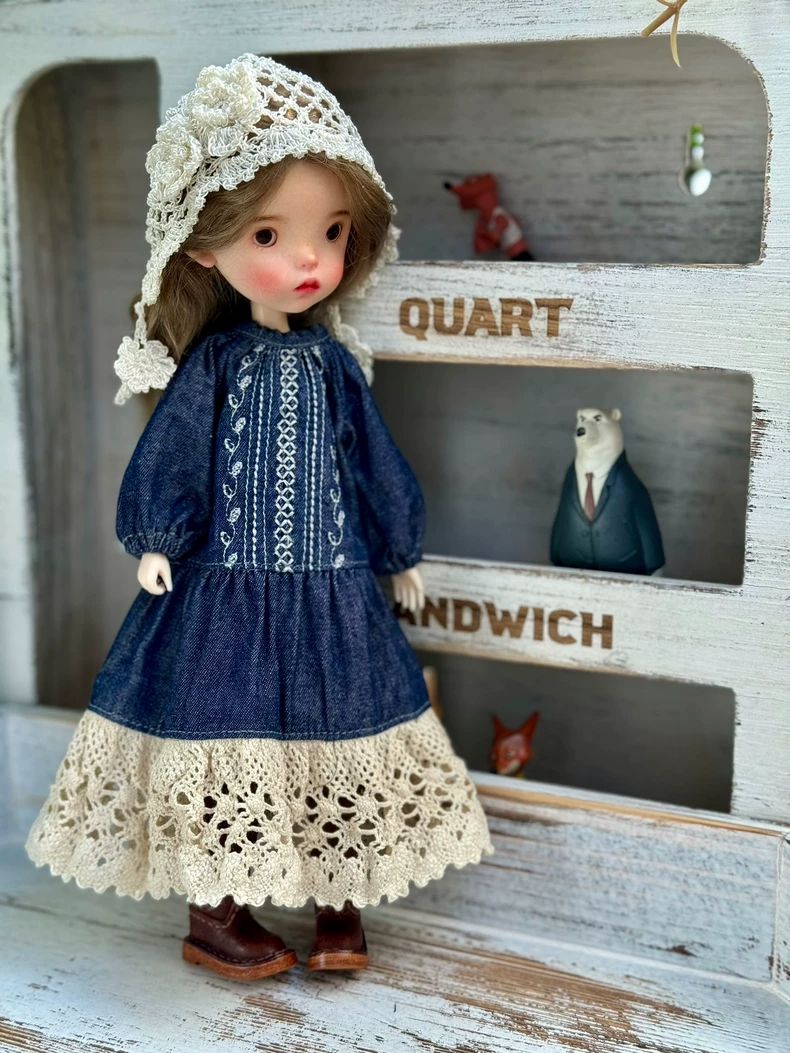 Vintage Bohemian Denim Dress for BLYTHE Dolls – Lace Detailing & Adjustable Fit, OB 22 & OB 24 - Image 1