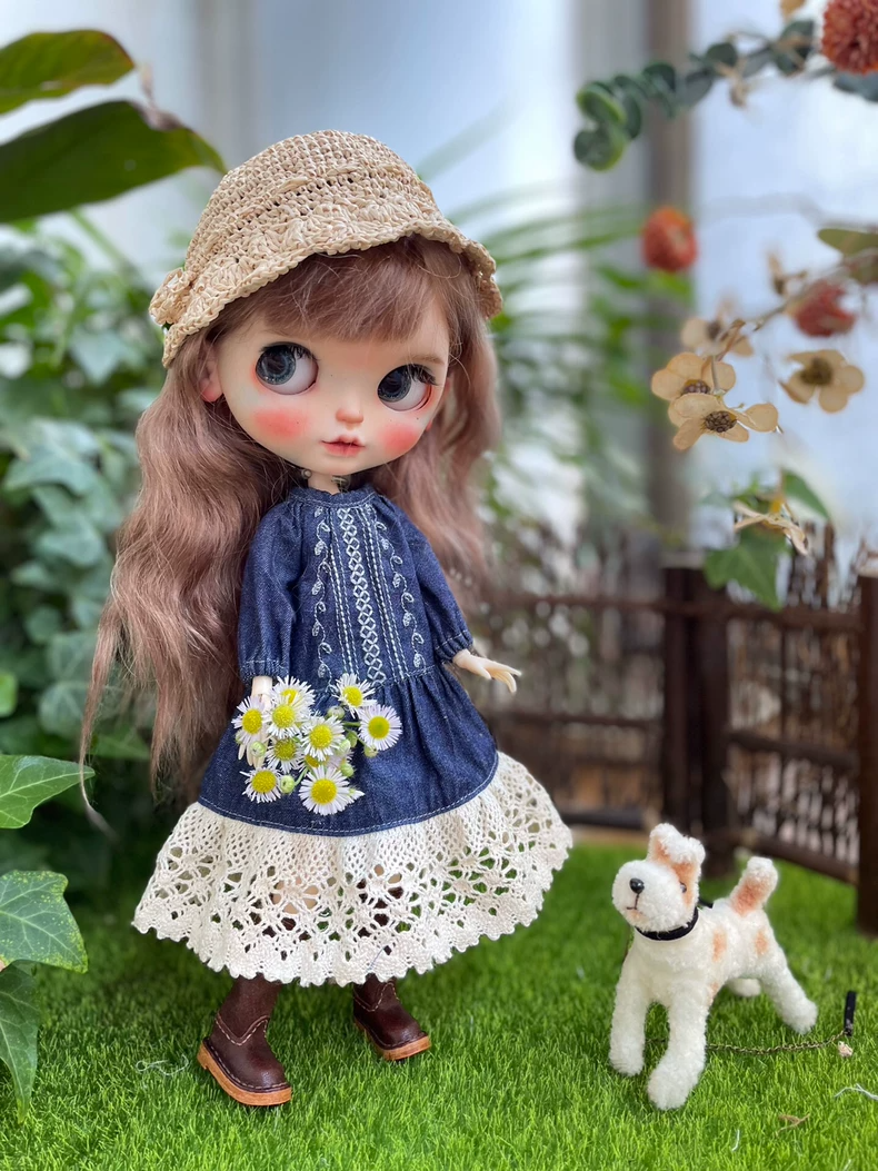Vintage Bohemian Denim Dress for BLYTHE Dolls – Lace Detailing & Adjustable Fit, OB 22 & OB 24 - Image 2