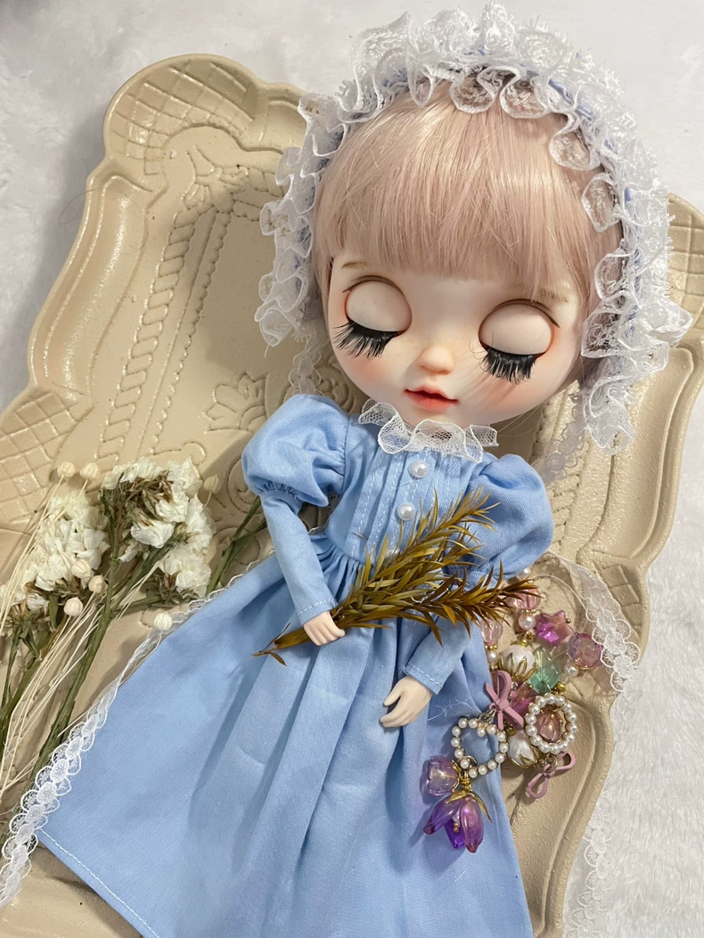 Vintage Sky Blue Blythe Doll Outfit with Lace & Pearl Details – Fits az19 & ob24 Dolls – Elegant Collectible Dress & Hat Set - Image 1
