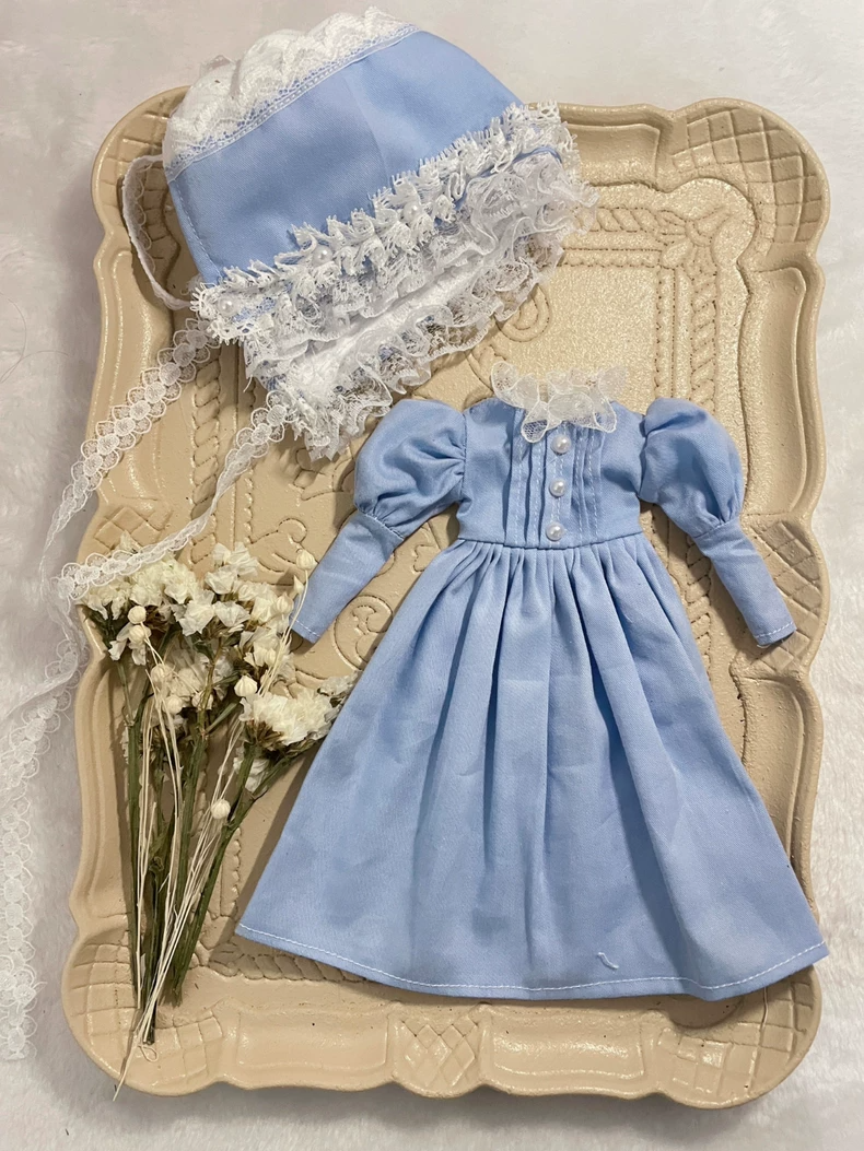 Vintage Sky Blue Blythe Doll Outfit with Lace & Pearl Details – Fits az19 & ob24 Dolls – Elegant Collectible Dress & Hat Set - Image 2