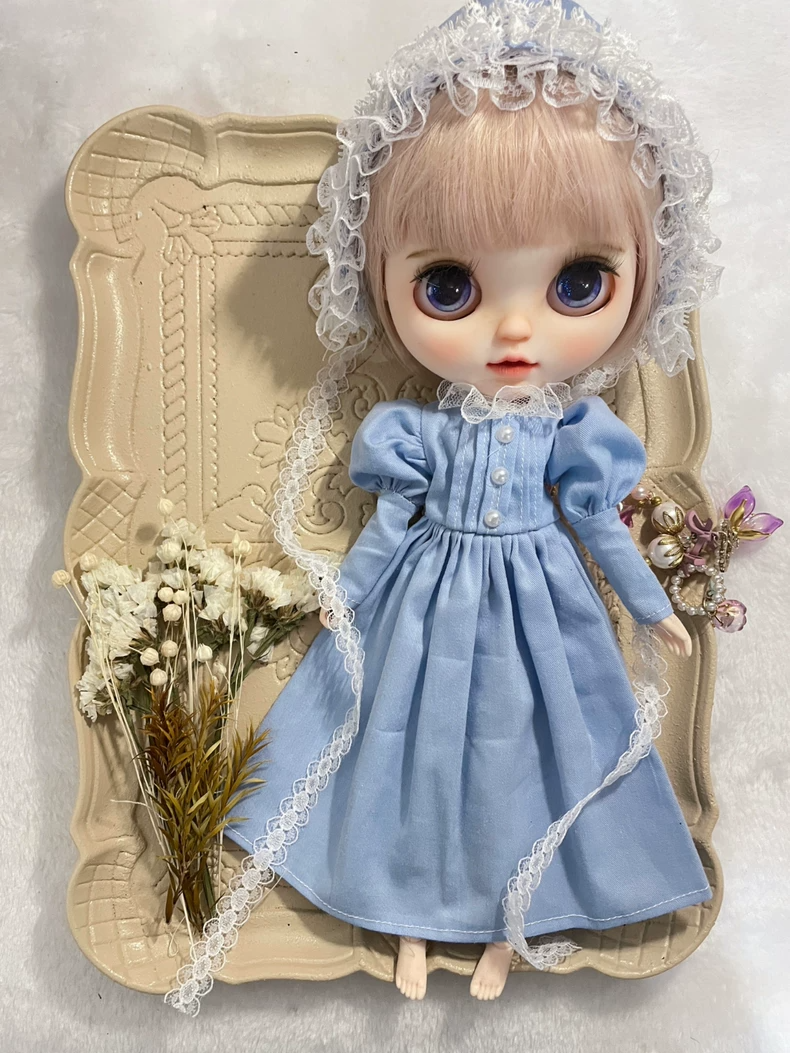 Vintage Sky Blue Blythe Doll Outfit with Lace & Pearl Details – Fits az19 & ob24 Dolls – Elegant Collectible Dress & Hat Set - Image 3