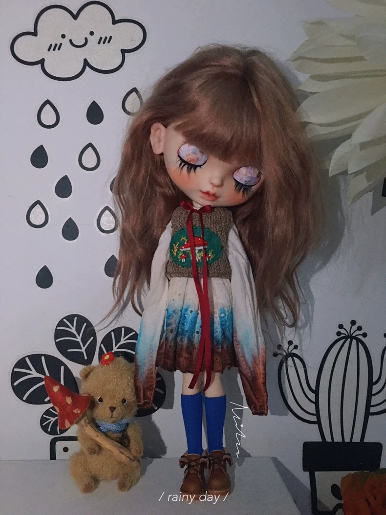 Whimsical Tea-Dyed BLYTHE Outfit: Lace Headband, Embroidered Vest & Gradient Skirt for Collectors - Image 2