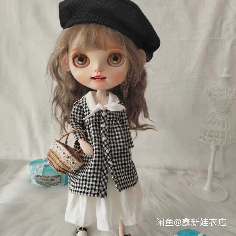 Chic BLYTHE Doll Outfit: Navy Checkered Top & White Dress with Beret – Elegant & Playful OB24 Ensemble - Image 1