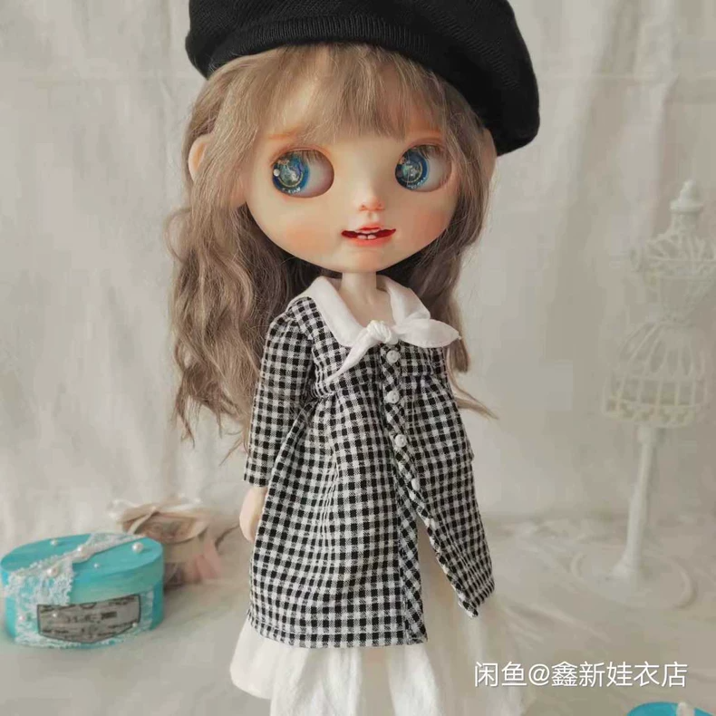 Chic BLYTHE Doll Outfit: Navy Checkered Top & White Dress with Beret – Elegant & Playful OB24 Ensemble - Image 2