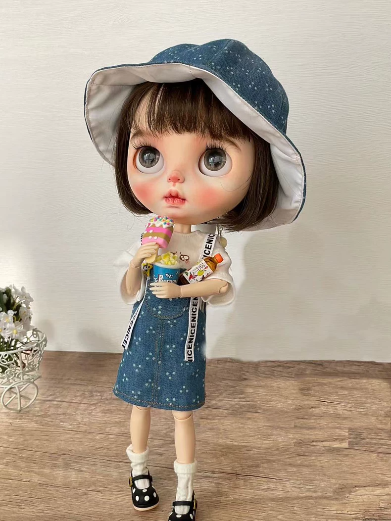 Charming BLYTHE Doll Denim Dress & Hat Outfit – Playful, Stylish & Durable Collectible - Image 2
