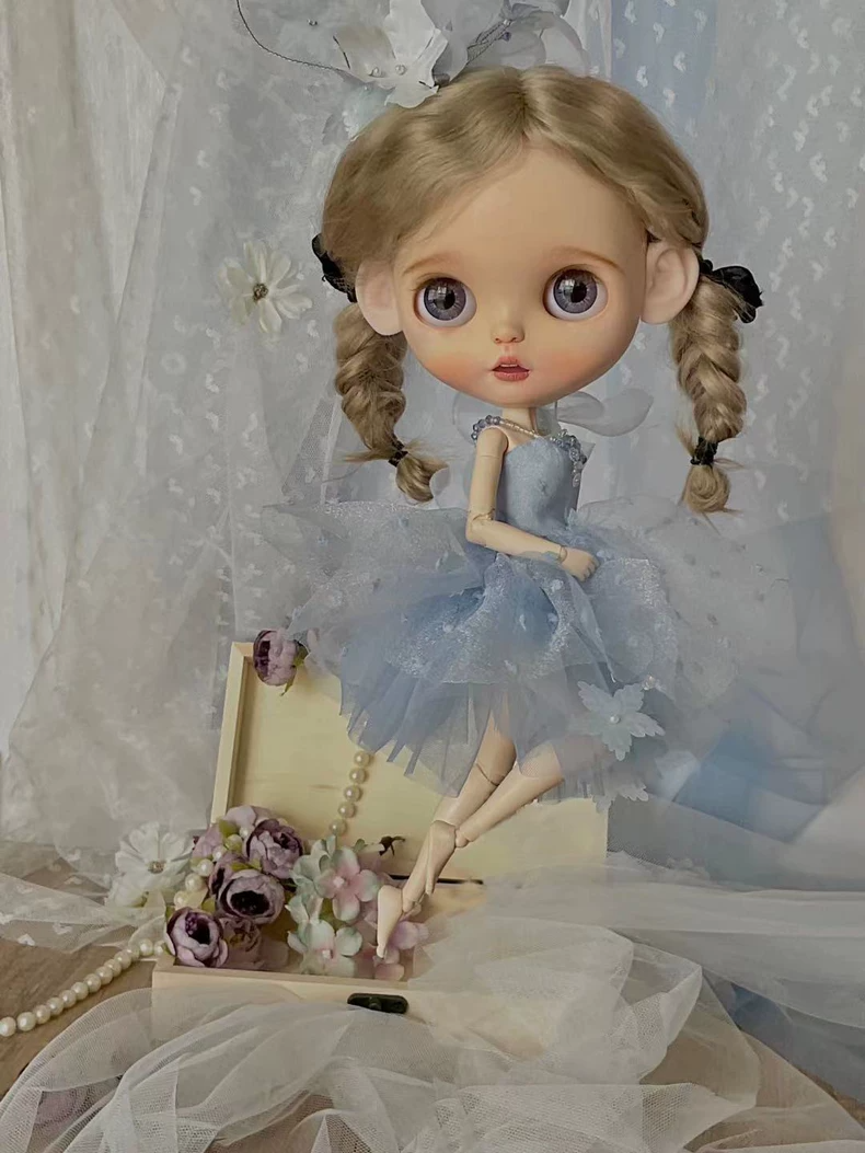 Enchanted BLYTHE Fairy Tale Outfit – Delicate Pastel Blue Dress with Floral Accents - Image 1