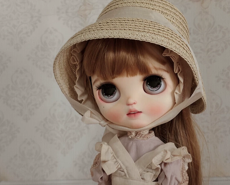 Vintage Blythe Doll Outfit: Handcrafted Cotton Dress, Apron & Hat Set - Pastel Pink Beige - Image 1