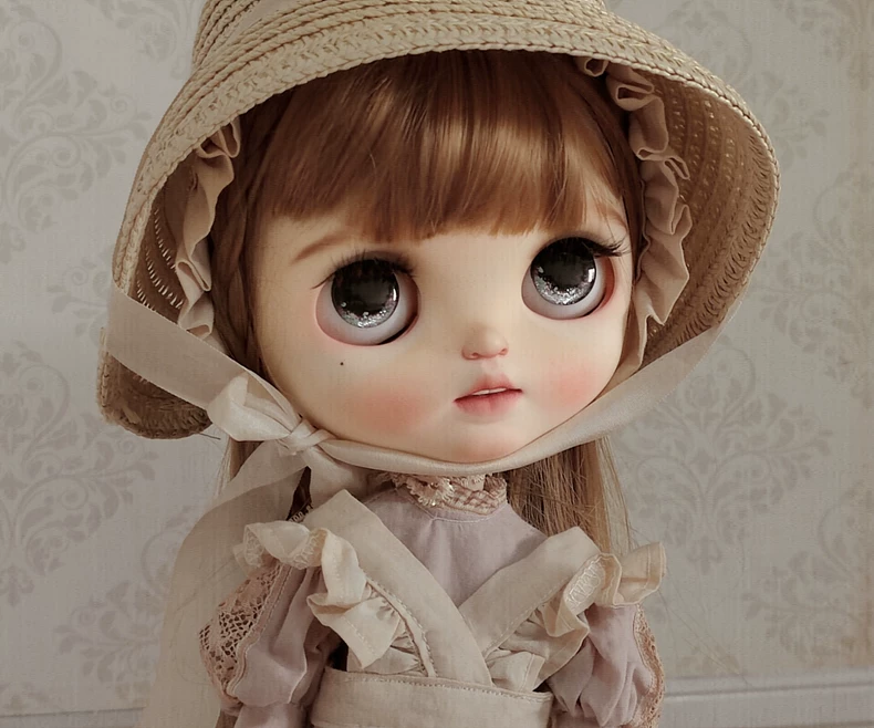 Vintage Blythe Doll Outfit: Handcrafted Cotton Dress, Apron & Hat Set - Pastel Pink Beige - Image 2