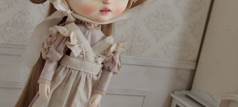 Vintage Blythe Doll Outfit: Handcrafted Cotton Dress, Apron & Hat Set - Pastel Pink Beige - Image 3