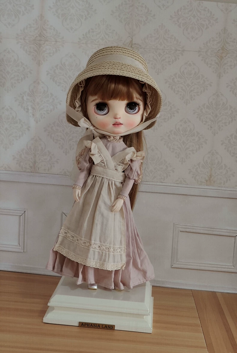 Vintage Blythe Doll Outfit: Handcrafted Cotton Dress, Apron & Hat Set - Pastel Pink Beige - Image 4