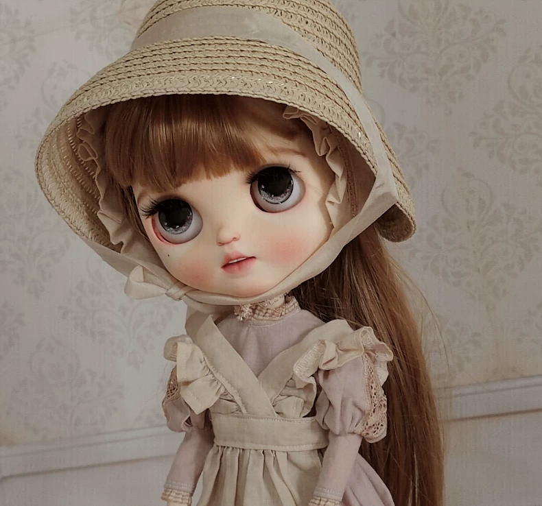 Vintage Blythe Doll Outfit: Handcrafted Cotton Dress, Apron & Hat Set - Pastel Pink Beige - Image 6
