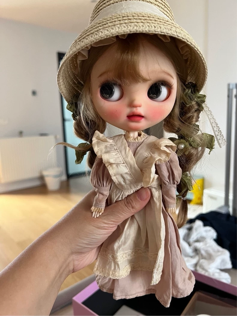 Vintage Blythe Doll Outfit: Handcrafted Cotton Dress, Apron & Hat Set - Pastel Pink Beige - Image 7