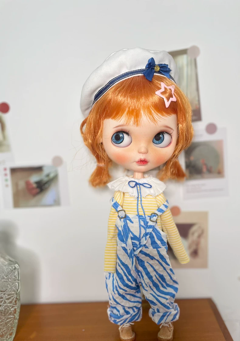 Charming Blue Zebra Jumpsuit & Yellow Striped Top for BLYTHE Dolls | OB22-OB24 Fit - Image 1