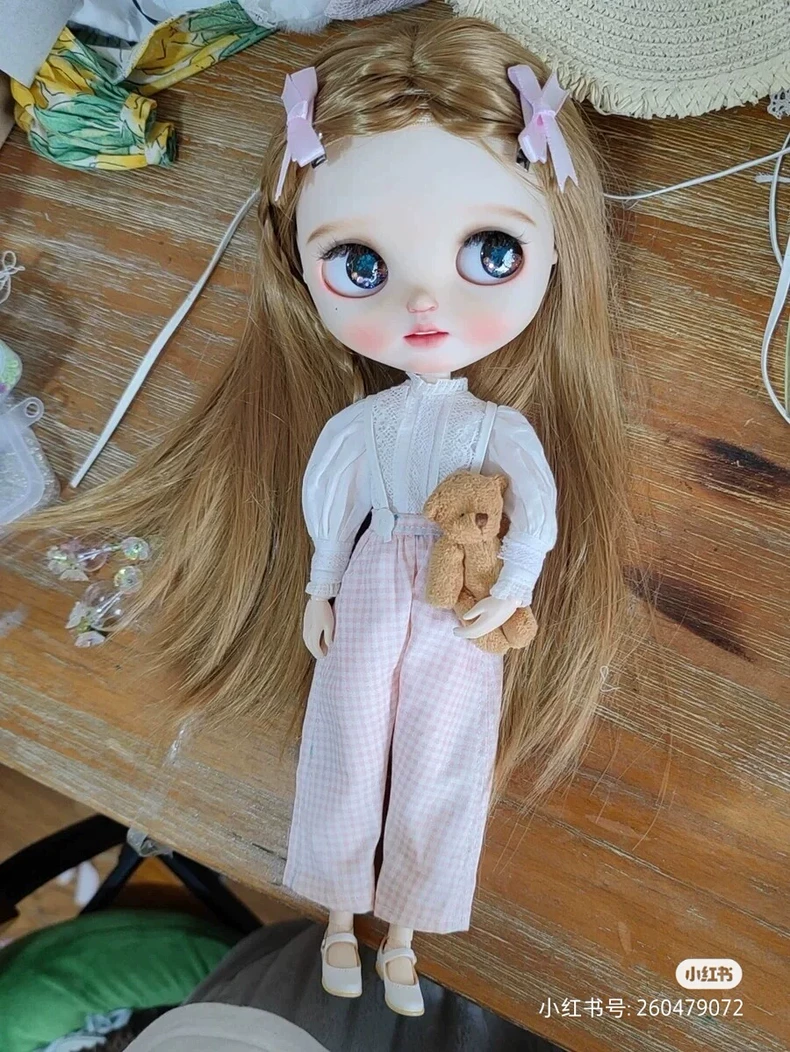 Vintage Pink Gingham Blythe Jumpsuit & Blouse - French Style Handmade Doll Outfit - Image 1