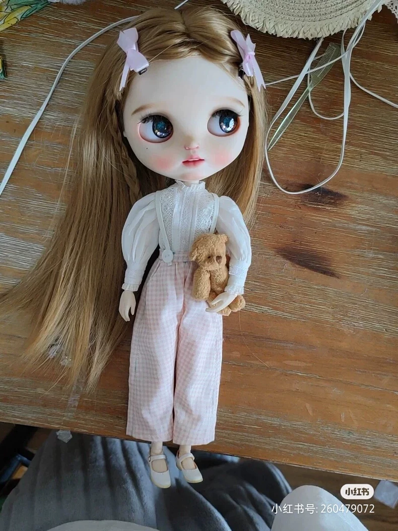 Vintage Pink Gingham Blythe Jumpsuit & Blouse - French Style Handmade Doll Outfit - Image 4