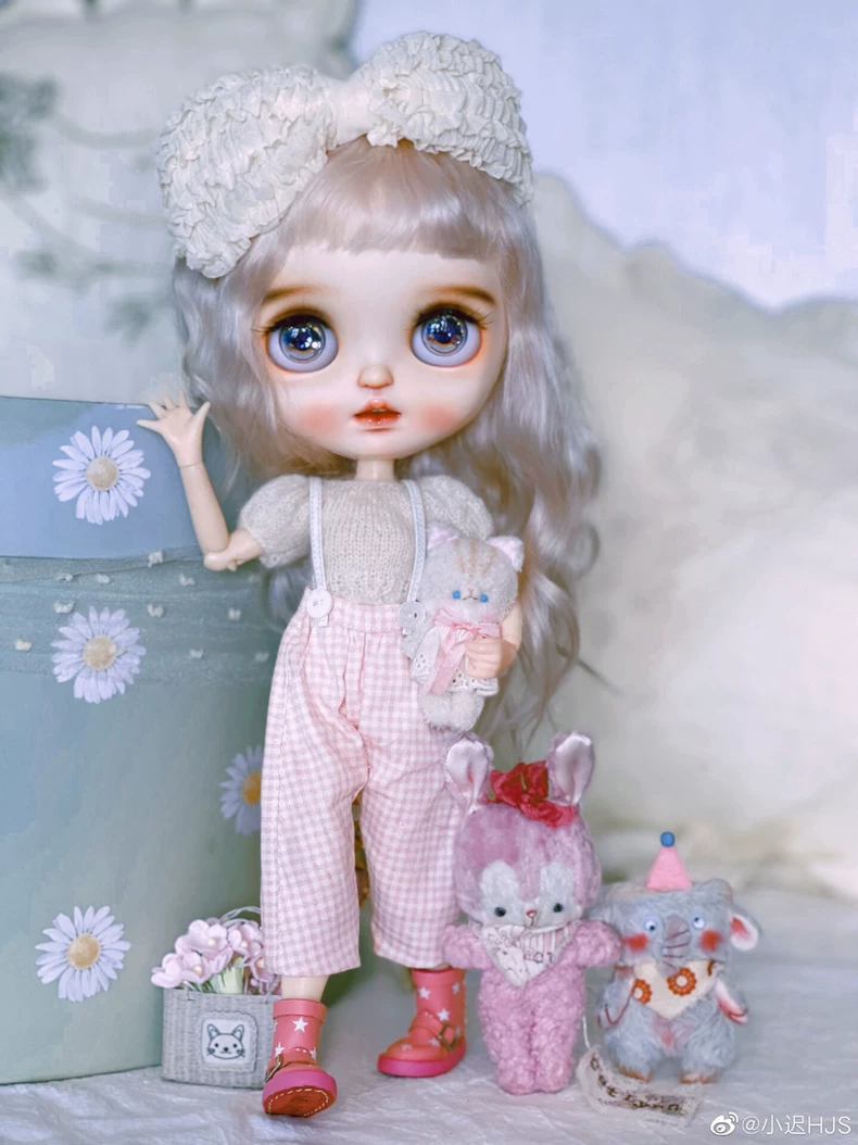 Vintage Pink Gingham Blythe Jumpsuit & Blouse - French Style Handmade Doll Outfit - Image 5