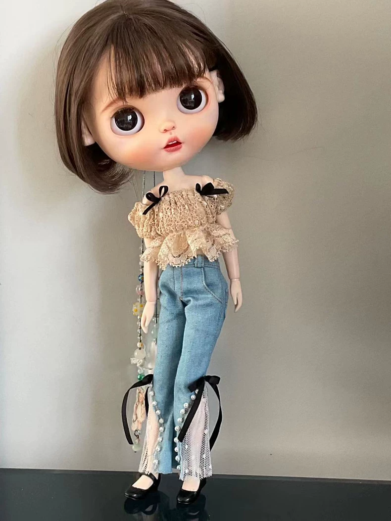 BLYTHE Doll Lace Crop Top & Denim Jeans Ensemble – Elegant Pearl Accents, Premium Craftsmanship - Image 1