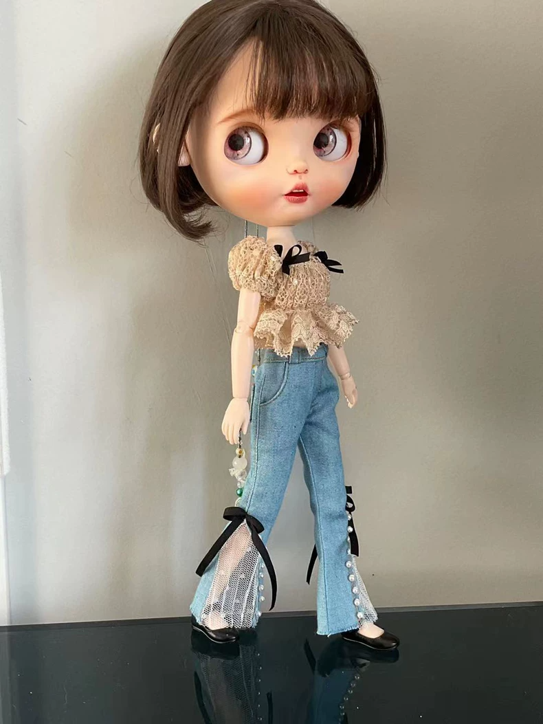 BLYTHE Doll Lace Crop Top & Denim Jeans Ensemble – Elegant Pearl Accents, Premium Craftsmanship - Image 2