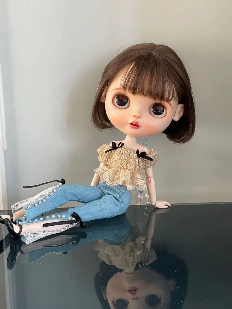 BLYTHE Doll Lace Crop Top & Denim Jeans Ensemble – Elegant Pearl Accents, Premium Craftsmanship - Image 3