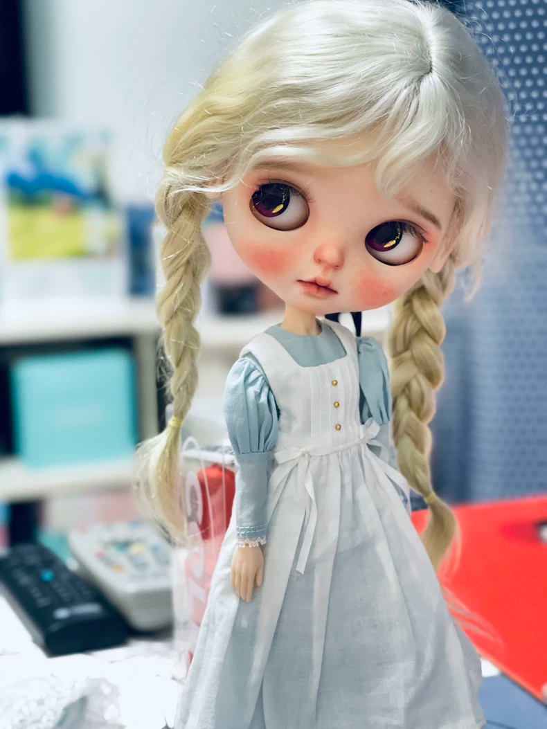 Vintage Blythe Doll Outfit - Handmade Maid Ensemble - Cotton Linen Dress - Pastel Blue/White - Collector Grade Elegance - Image 1