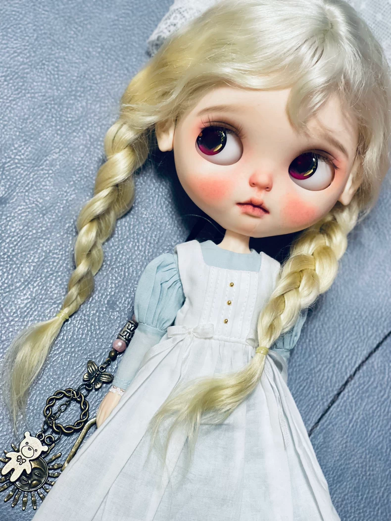 Vintage Blythe Doll Outfit - Handmade Maid Ensemble - Cotton Linen Dress - Pastel Blue/White - Collector Grade Elegance - Image 2
