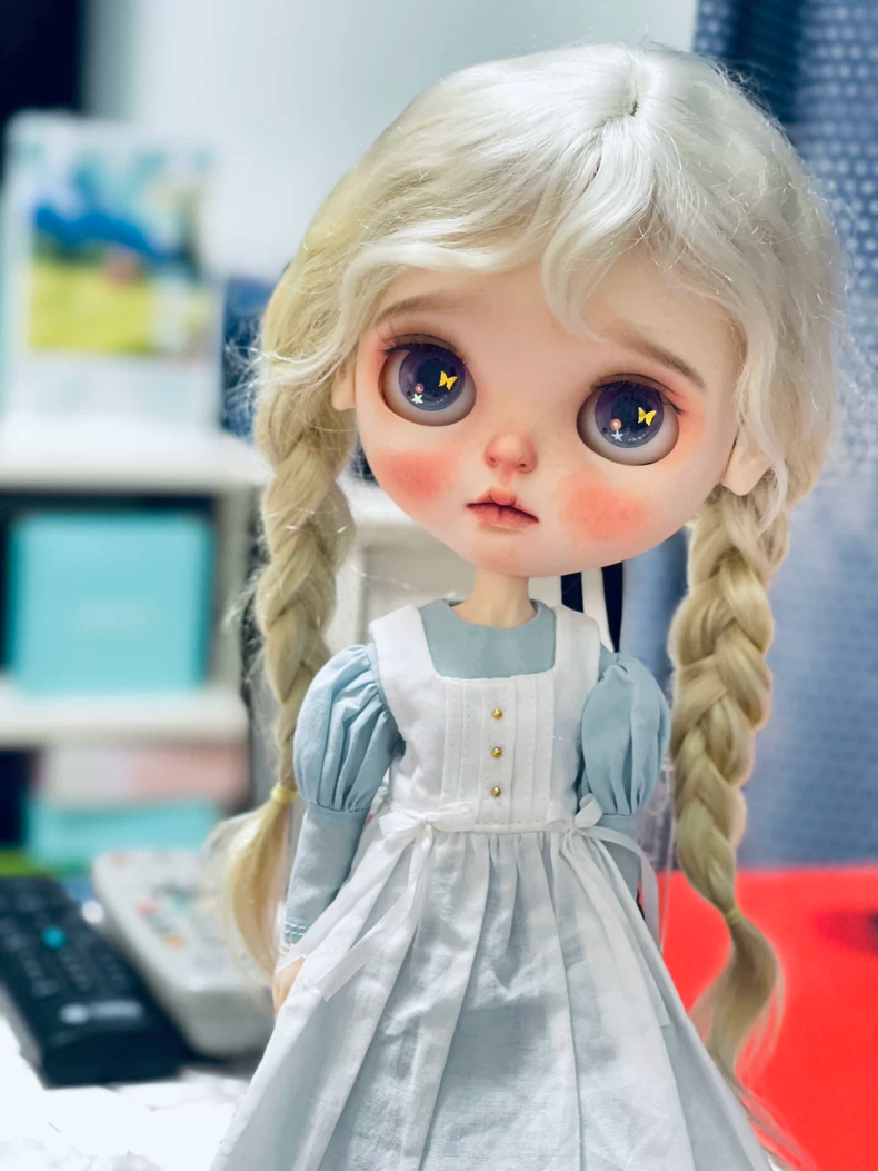 Vintage Blythe Doll Outfit - Handmade Maid Ensemble - Cotton Linen Dress - Pastel Blue/White - Collector Grade Elegance - Image 3